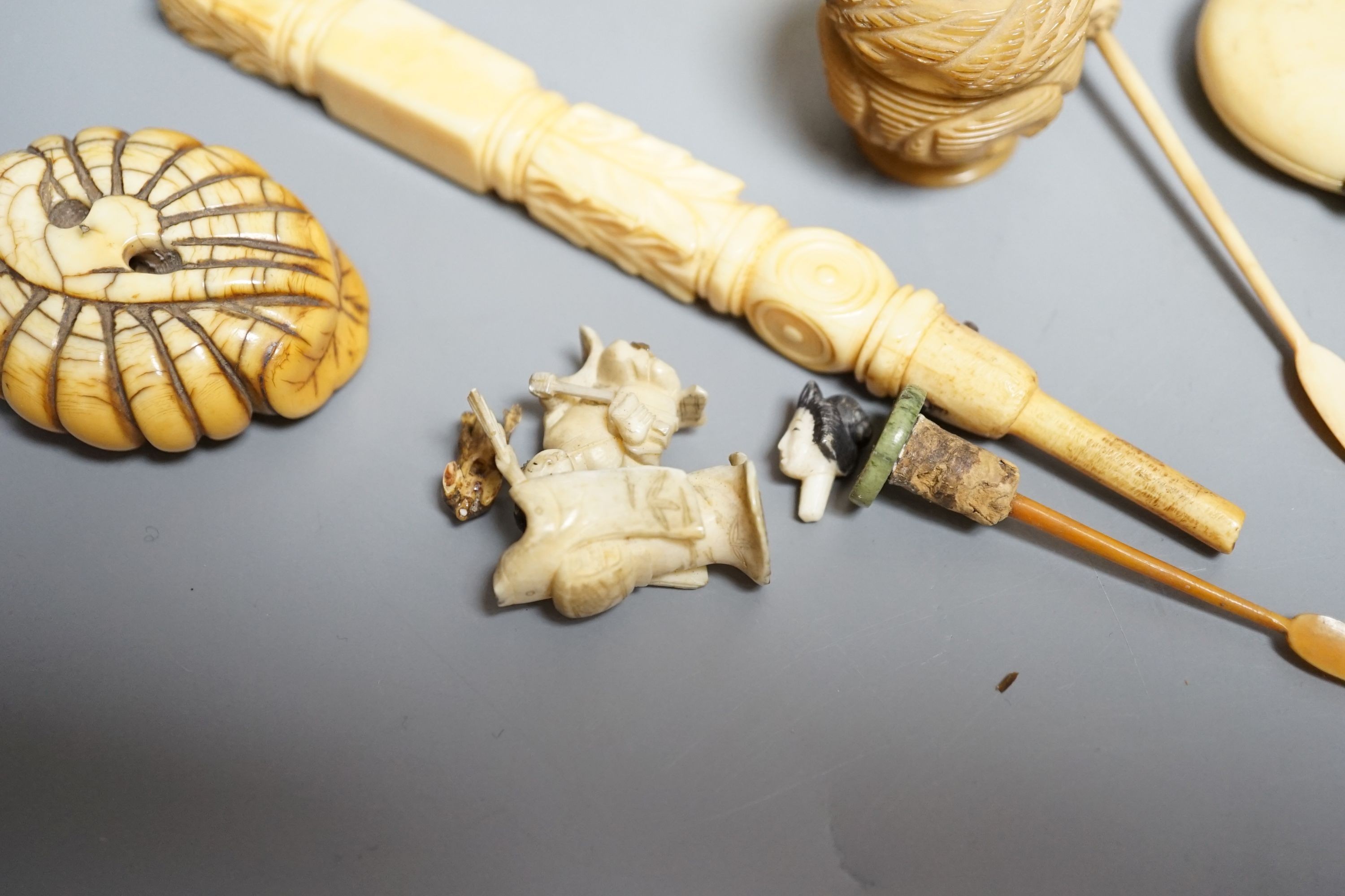 A group of 19th/early 20th century ivory carvings, a shibayama style box, framed miniatures etc